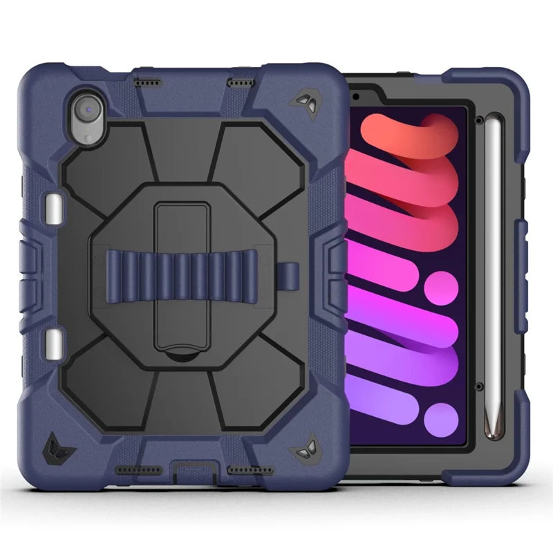 غطاء لجهاز iPad mini (2024) / (2021) مع حامل ورباط معصم من مادة البولي كربونات والمطاط السيليكوني - أزرق بحري + أسود