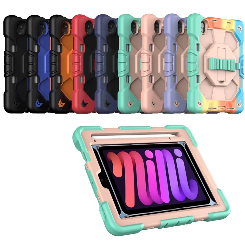 غطاء لجهاز iPad mini (2024) / (2021) مع حامل ورباط معصم من مادة البولي كربونات والمطاط السيليكوني - أزرق بحري + أسود