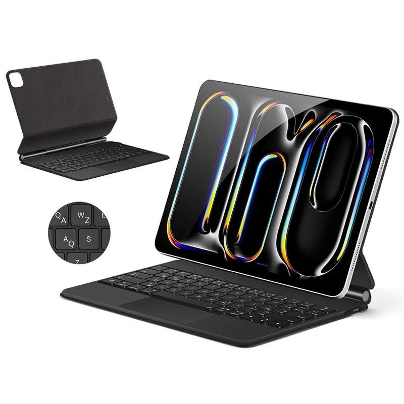 For iPad Pro 13 (2025) / 13 (2024) Smart Pogo Pin Direct Connection Keyboard (French Layout) + Leather Tablet Case - Black