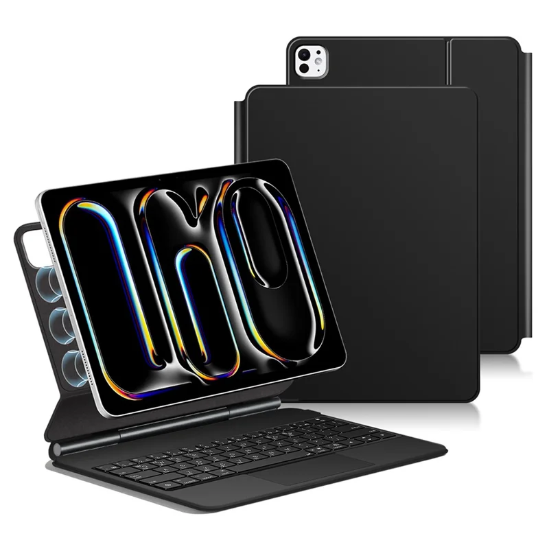 For iPad Pro 13 (2025) / 13 (2024) Smart Pogo Pin Direct Connection Keyboard (Korean Layout) + Leather Tablet Case - Black