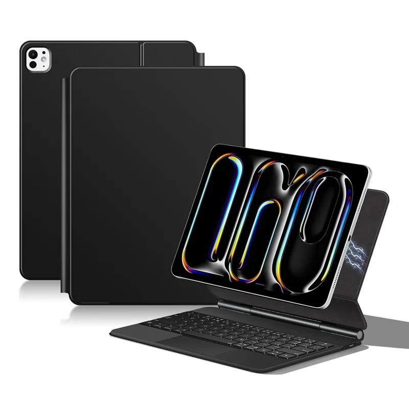 For iPad Pro 13 (2025) / 13 (2024) Smart Pogo Pin Direct Connection Keyboard (Portuguese Layout) + Leather Tablet Case - Black