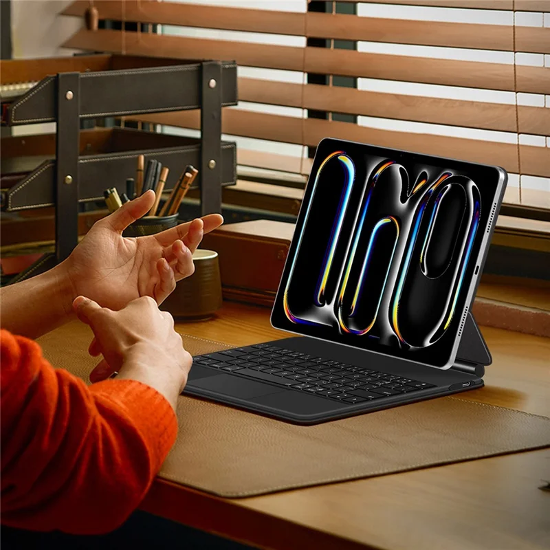 For iPad Pro 13 (2025) / 13 (2024) Smart Pogo Pin Direct Connection Keyboard (Portuguese Layout) + Leather Tablet Case - Black