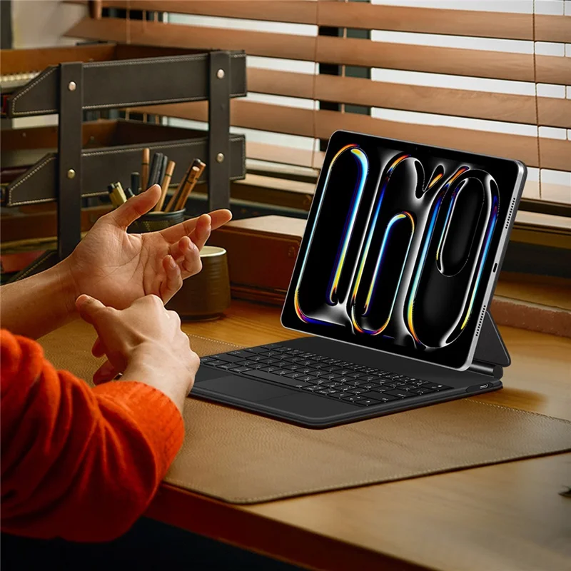 For iPad Pro 13 (2025) / 13 (2024) Smart Pogo Pin Direct Connection Keyboard (Japanese Layout) + Leather Tablet Case - Black