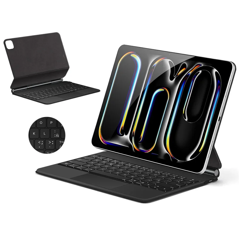 For iPad Pro 13 (2025) / 13 (2024) Smart Pogo Pin Direct Connection Keyboard (Spanish Layout) + Leather Tablet Case - Black