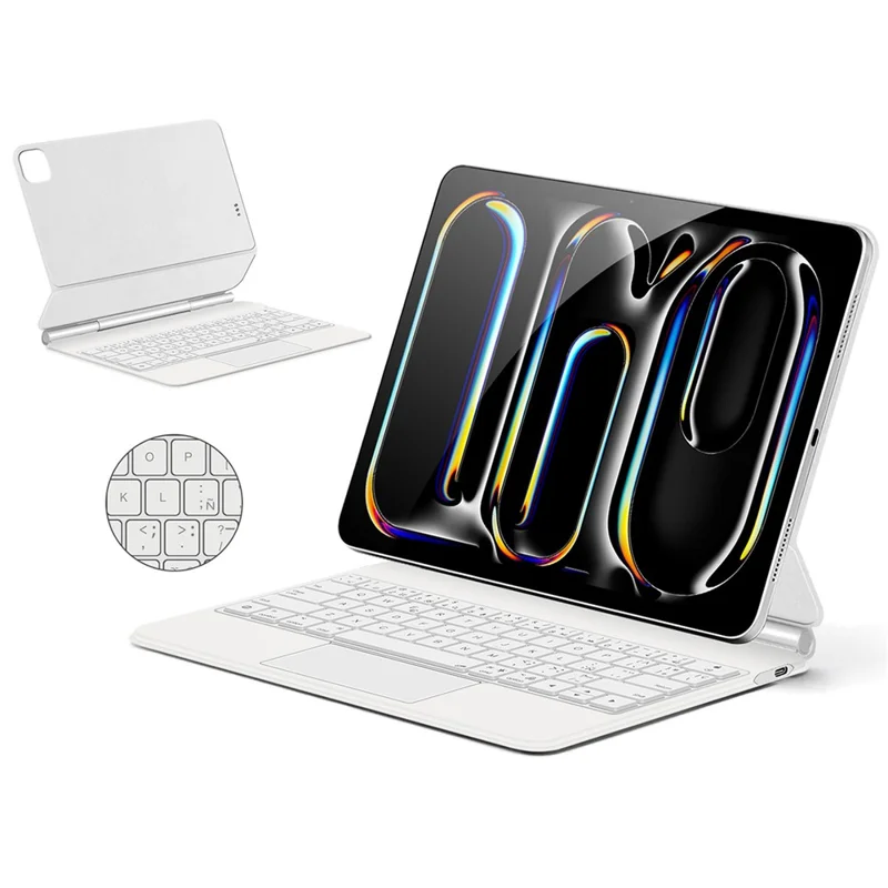 For iPad Pro 13 (2025) / 13 (2024) Smart Pogo Pin Direct Connection Keyboard (Spanish Layout) + Leather Tablet Case - White