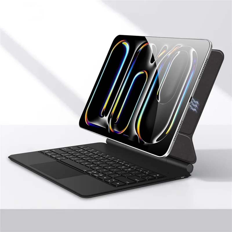 For iPad Pro 11 (2025) / 11 (2024) Smart Pogo Pin Direct Connection Keyboard (Korean Layout) + Leather Tablet Case - Black