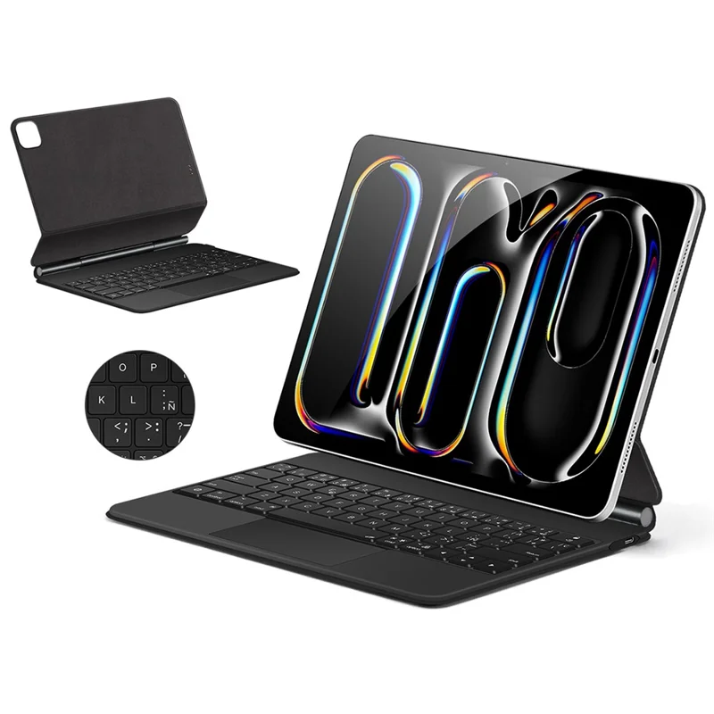 For iPad Pro 11 (2025) / 11 (2024) Smart Pogo Pin Direct Connection Keyboard (Spanish Layout) + Leather Tablet Case - Black