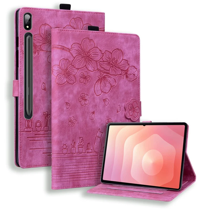 For Samsung Galaxy Tab S11 Ultra Case Card Slots Leather Tablet Stand Folio Cover Flower Cat - Rose