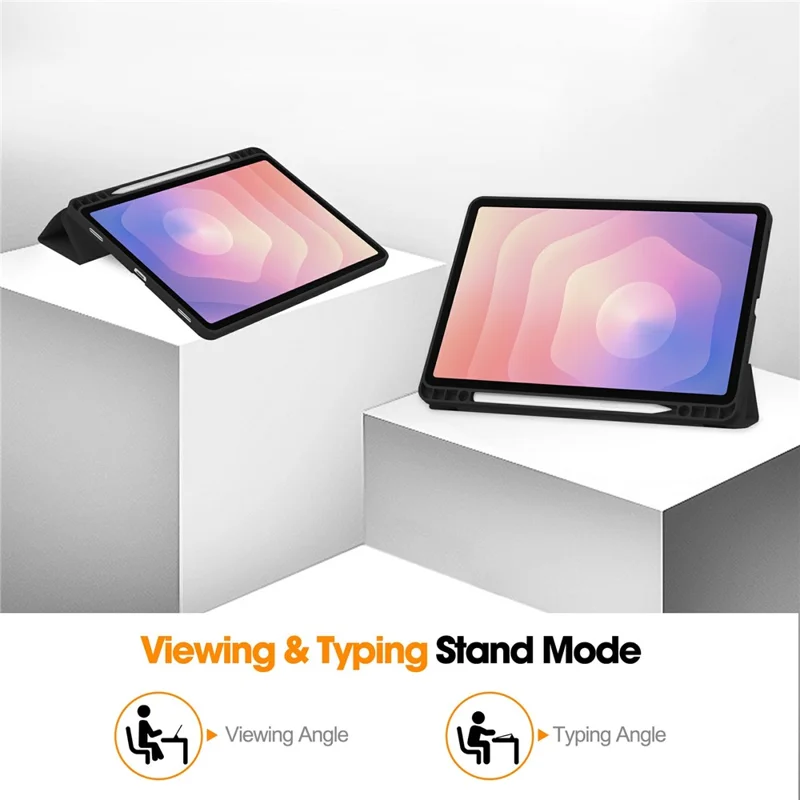 For Samsung Galaxy Tab S11 Case Trifold Stand Solid Color Leather Tablet Cover with Pen Slot - Black