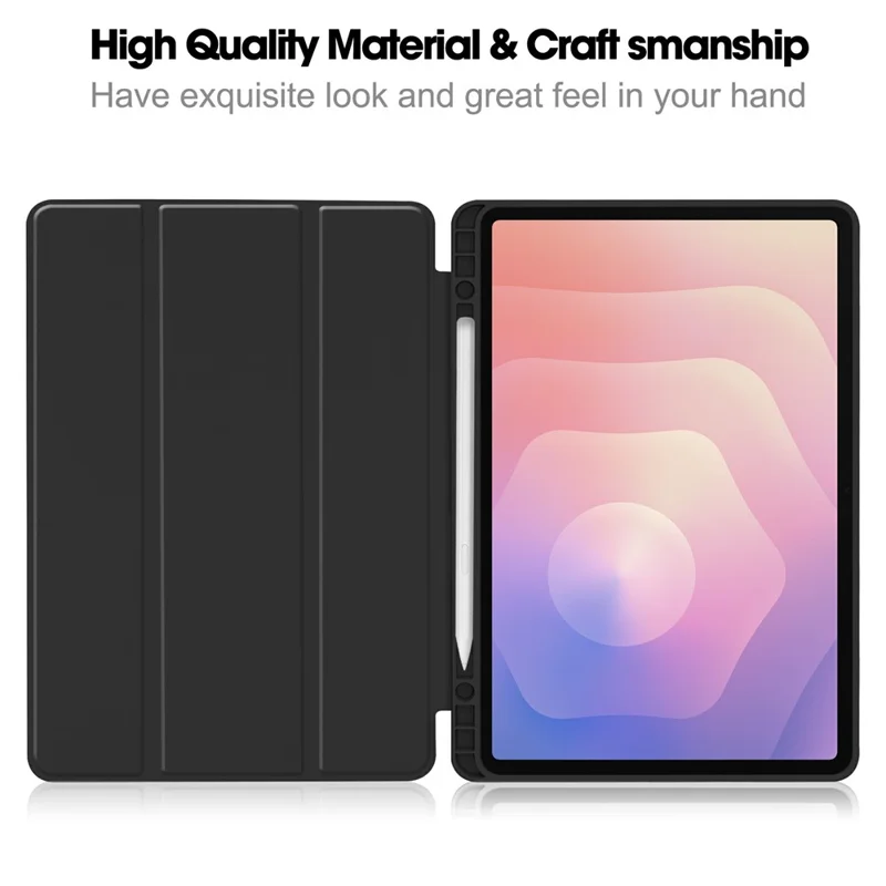 For Samsung Galaxy Tab S11 Case Trifold Stand Solid Color Leather Tablet Cover with Pen Slot - Black