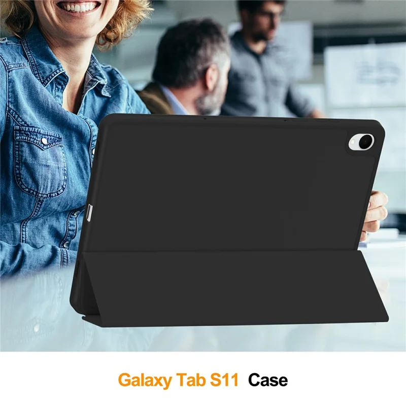 For Samsung Galaxy Tab S11 Case Trifold Stand Solid Color Leather Tablet Cover with Pen Slot - Black