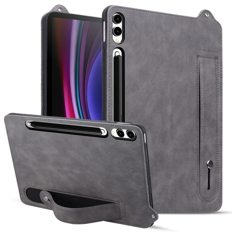 For Samsung Galaxy Tab S10 Ultra / S9 Ultra / S8 Ultra Case Hand Strap Kickstand Leather Tablet Cover - Grey