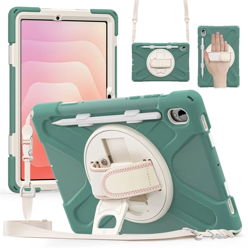 For Samsung Galaxy Tab S11 Kickstand Case TPU PC Silicone Tablet Cover with Shoulder Strap - Emerald Green