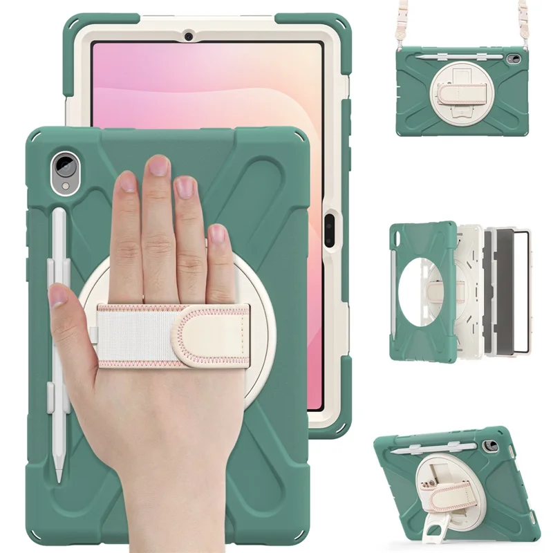 For Samsung Galaxy Tab S11 Kickstand Case TPU PC Silicone Tablet Cover with Shoulder Strap - Emerald Green