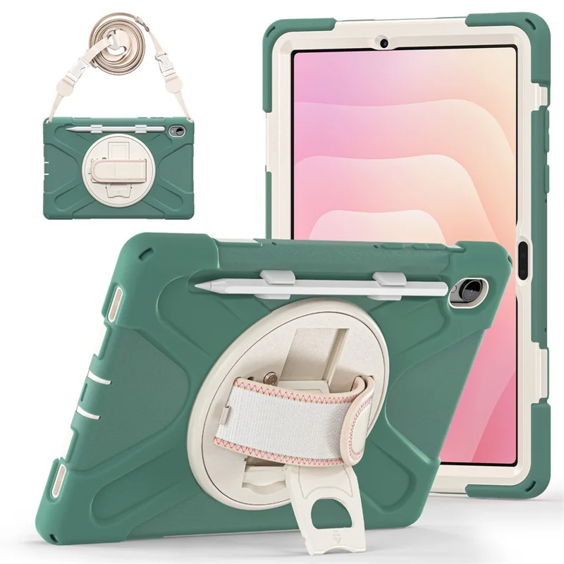 For Samsung Galaxy Tab S11 Kickstand Case TPU PC Silicone Tablet Cover with Shoulder Strap - Emerald Green