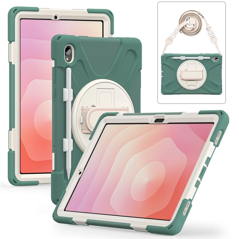 For Samsung Galaxy Tab S11 Kickstand Case TPU PC Silicone Tablet Cover with Shoulder Strap - Emerald Green