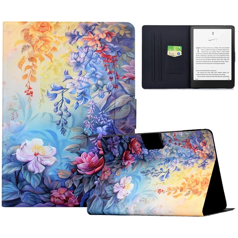 For Amazon Kindle Paperwhite (2024) Case Colorful Pattern Painting Card Slots Stand Leather Tablet Cover with Auto Sleep  /  Wake - Blossom