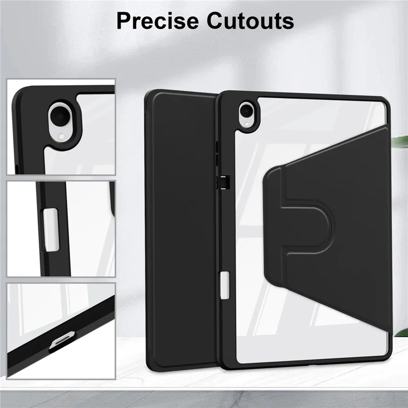 For Samsung Galaxy Tab S11 Case Rotating Stand PU Leather Clear Acrylic Back Tablet Cover with Pen Slot - Black