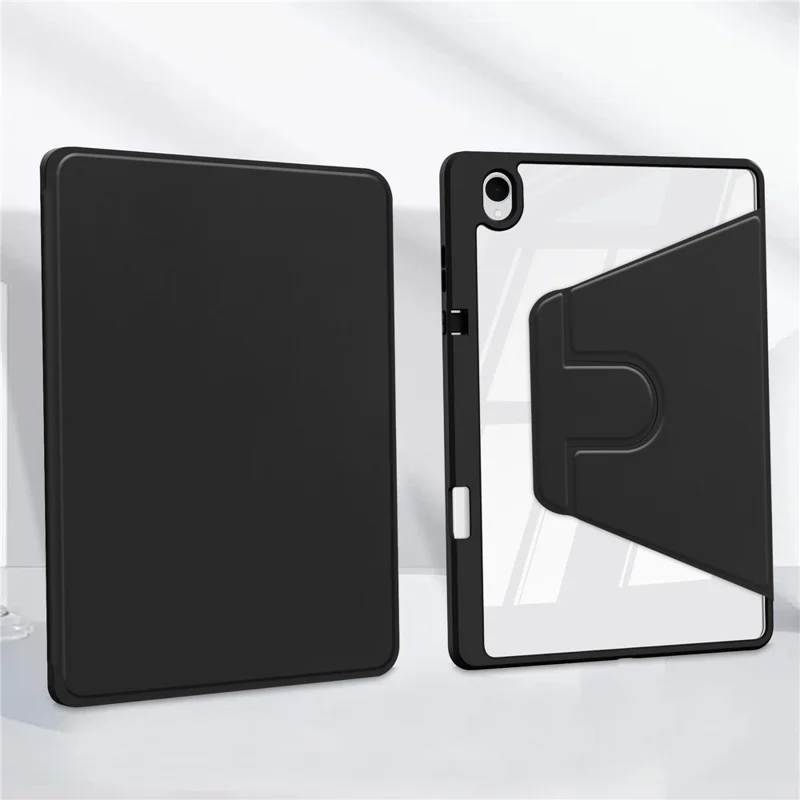 For Samsung Galaxy Tab S11 Case Rotating Stand PU Leather Clear Acrylic Back Tablet Cover with Pen Slot - Black