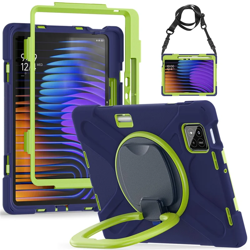 Futera z uchwytem obrotowym i regulowanym paskiem na ramię do Xiaomi Pad 8 Pro / Pad 8 / Pad 7 Pro / Pad 7, pokrowiec TPU + PC + silikonowy – granatowy/zielonożółty