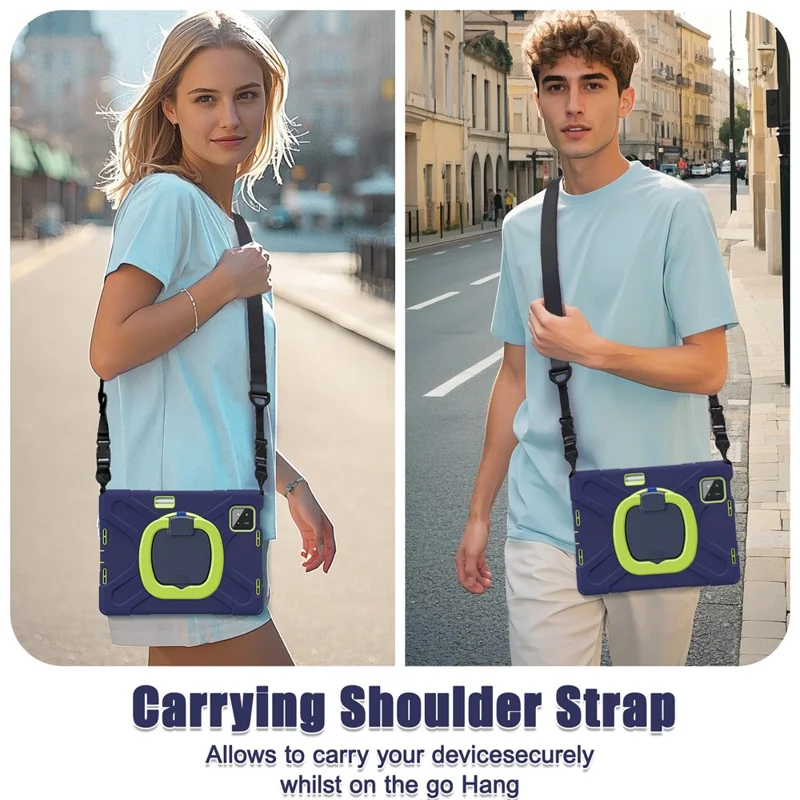 Futera z uchwytem obrotowym i regulowanym paskiem na ramię do Xiaomi Pad 8 Pro / Pad 8 / Pad 7 Pro / Pad 7, pokrowiec TPU + PC + silikonowy – granatowy/zielonożółty