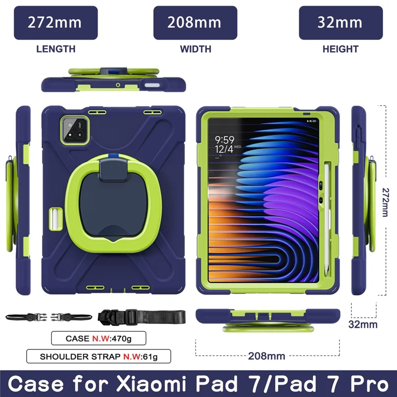 Tablet Case for Xiaomi Pad 8 Pro / Pad 8 / Pad 7 Pro / Pad 7 TPU + PC + Silicone Cover Swivel Kickstand Handle Grip - Navy Blue / Yellowgreen