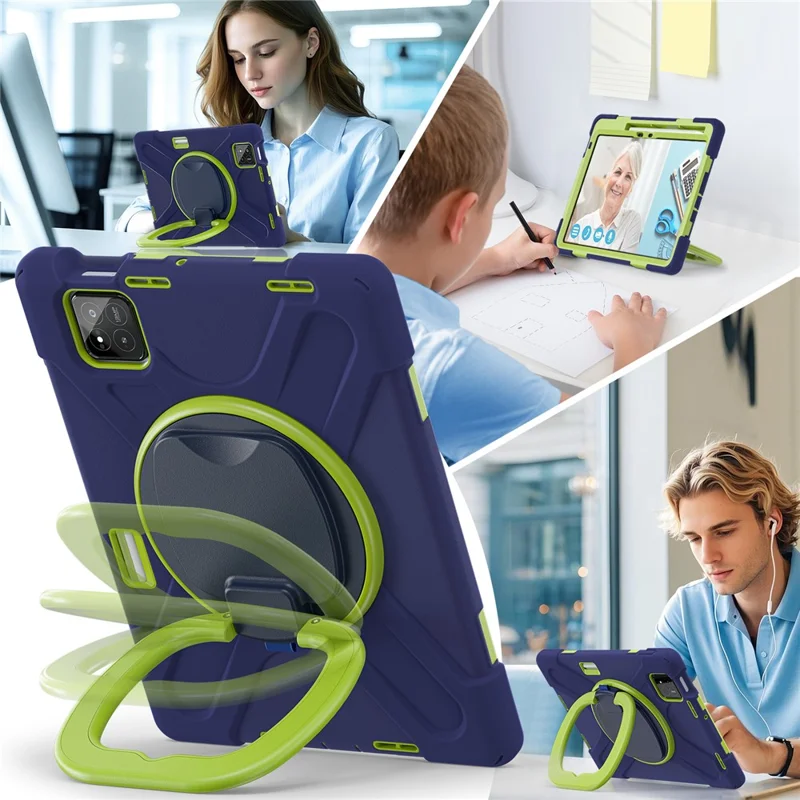 Tablet Case for Xiaomi Pad 8 Pro / Pad 8 / Pad 7 Pro / Pad 7 TPU + PC + Silicone Cover Swivel Kickstand Handle Grip - Navy Blue / Yellowgreen