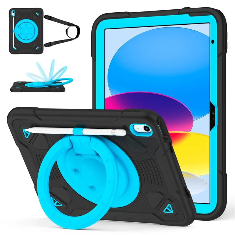 For iPad (2025) / iPad 10.9 (2022) Case Kickstand Space Planet PC + Silicone Tablet Cover with Shoulder Strap - Black + Blue