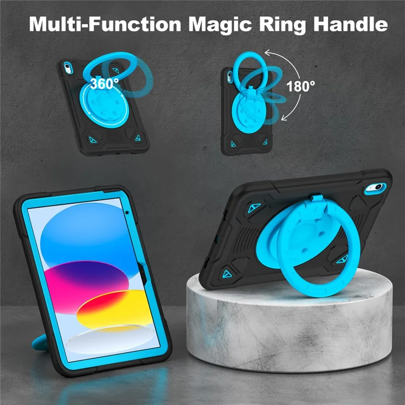 For iPad (2025) / iPad 10.9 (2022) Case Kickstand Space Planet PC + Silicone Tablet Cover with Shoulder Strap - Black + Blue