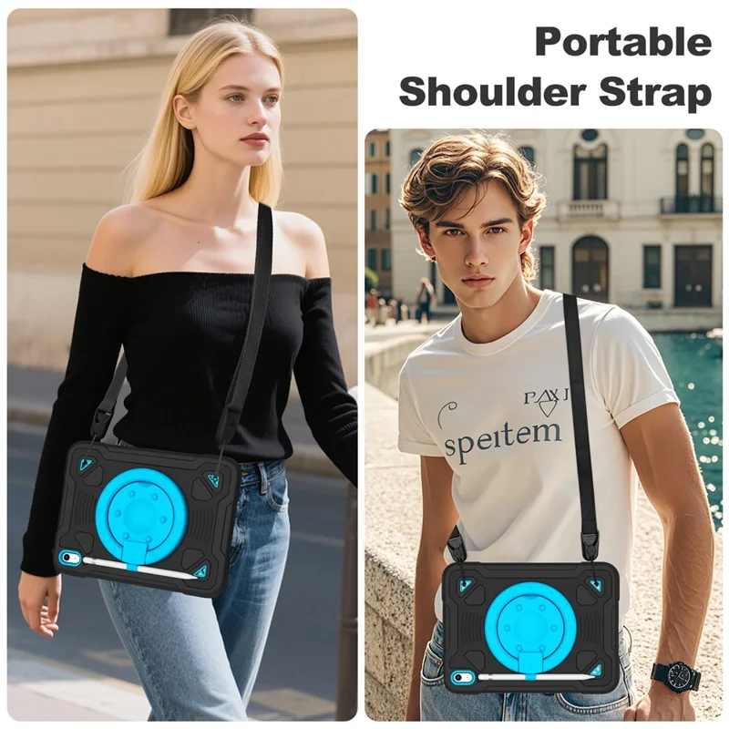 For iPad (2025) / iPad 10.9 (2022) Case Kickstand Space Planet PC + Silicone Tablet Cover with Shoulder Strap - Black + Blue