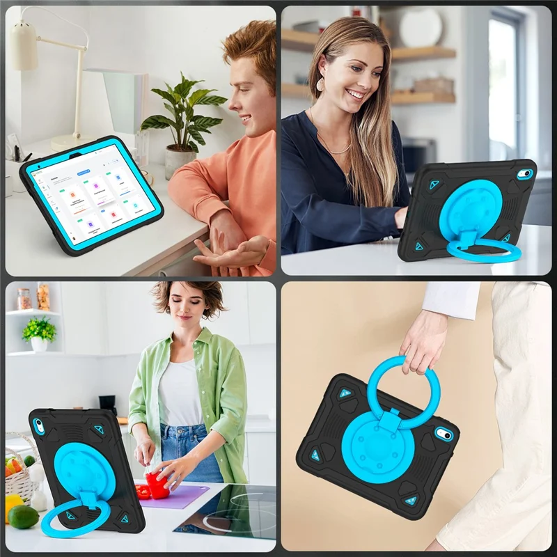 For iPad (2025) / iPad 10.9 (2022) Case Kickstand Space Planet PC + Silicone Tablet Cover with Shoulder Strap - Black + Blue