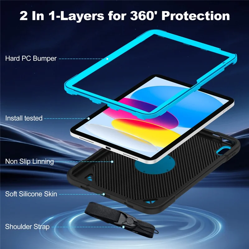 For iPad (2025) / iPad 10.9 (2022) Case Kickstand Space Planet PC + Silicone Tablet Cover with Shoulder Strap - Black + Blue