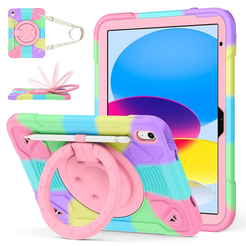 For iPad (2025) / iPad 10.9 (2022) Case Kickstand Colorful Space Planet PC + Silicone Tablet Cover with Shoulder Strap - Colorful Purple