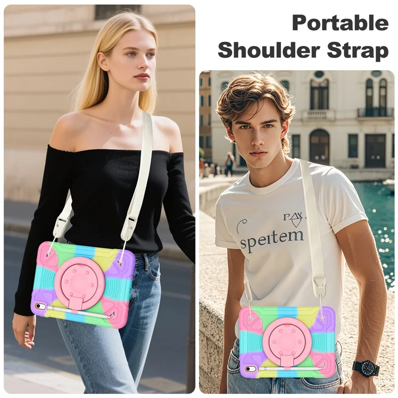 For iPad (2025) / iPad 10.9 (2022) Case Kickstand Colorful Space Planet PC + Silicone Tablet Cover with Shoulder Strap - Colorful Purple