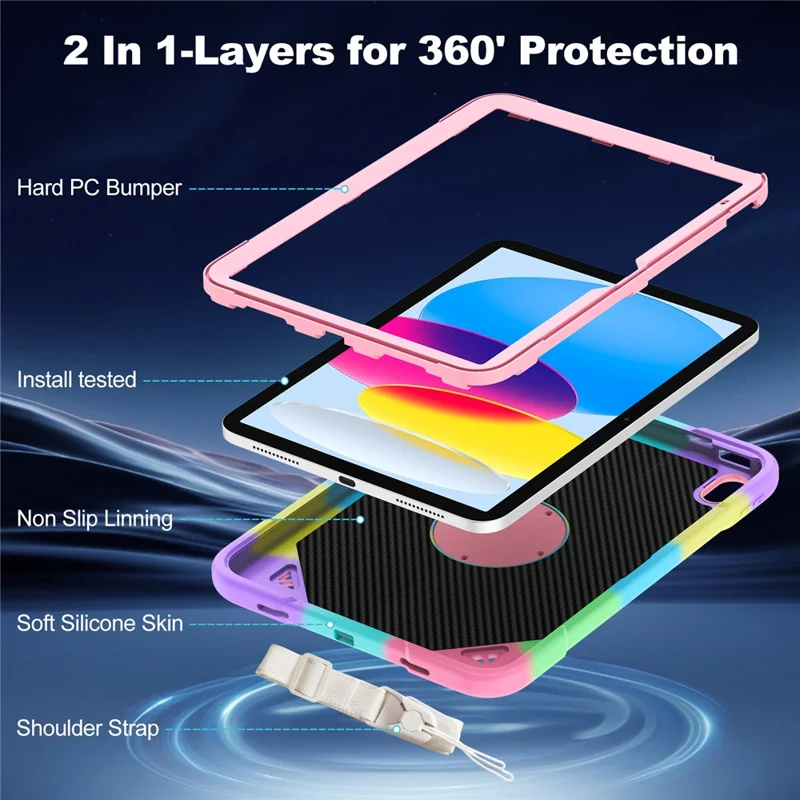 For iPad (2025) / iPad 10.9 (2022) Case Kickstand Colorful Space Planet PC + Silicone Tablet Cover with Shoulder Strap - Colorful Purple