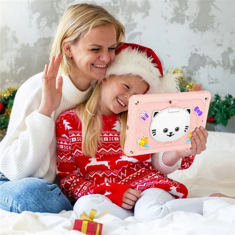 For iPad 10.2 (2021) / (2020) / (2019) Case with Cat Kickstand PC + Silicone Tablet Cover - Rose Pink