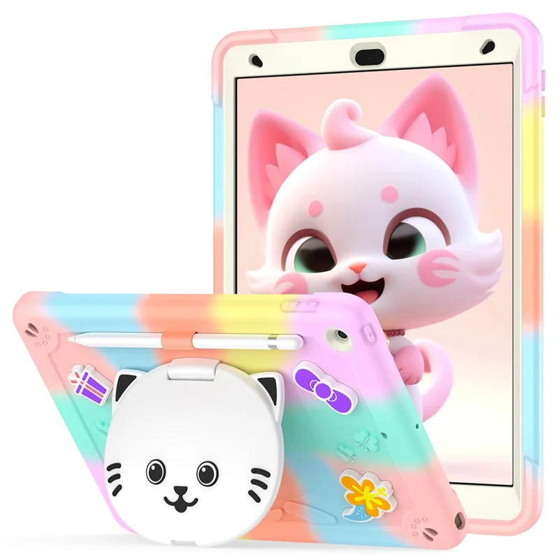 For iPad 10.2 (2021) / (2020) / (2019) Case with Cat Kickstand PC + Silicone Colorful Tablet Cover - Colorful Rose Gold