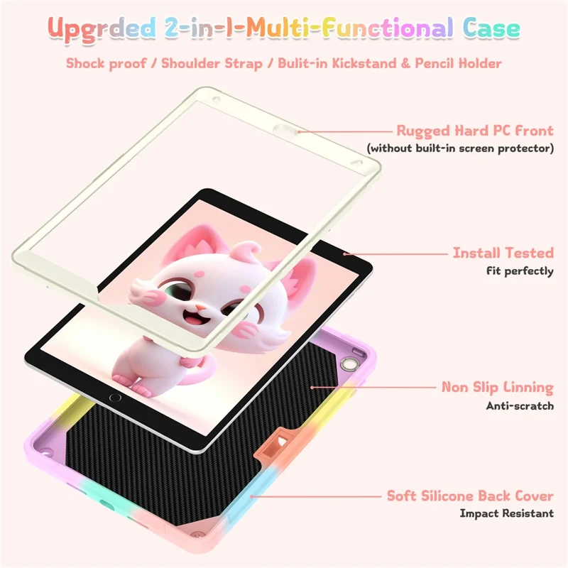 For iPad 10.2 (2021) / (2020) / (2019) Case with Cat Kickstand PC + Silicone Colorful Tablet Cover - Colorful Rose Gold