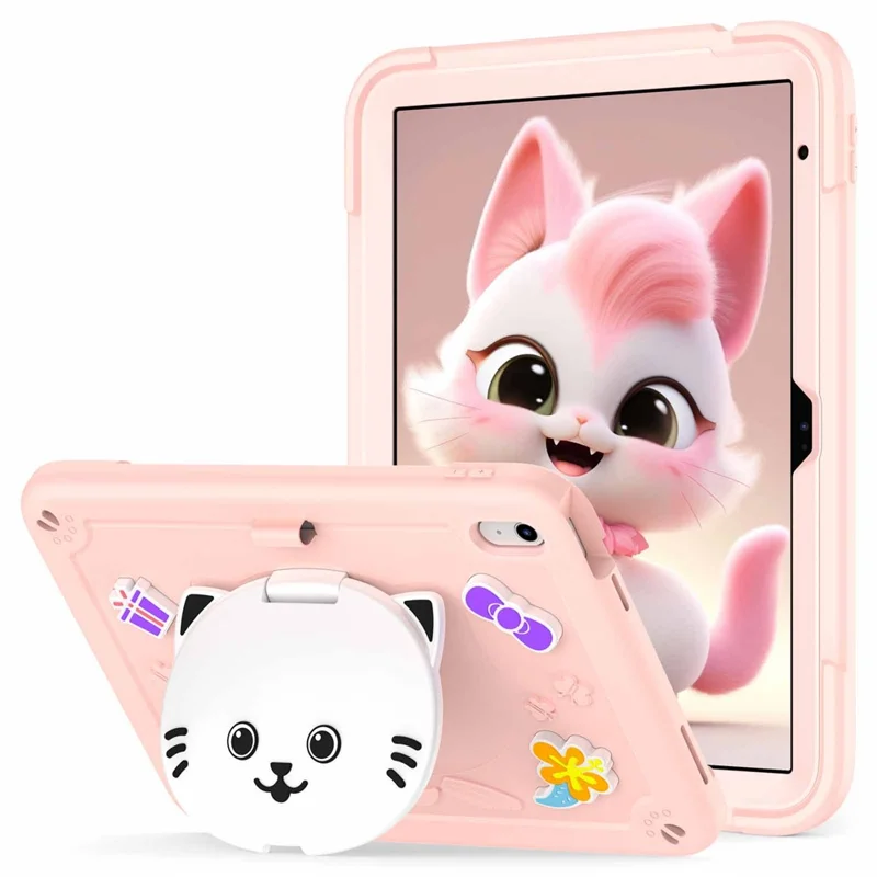 For iPad (2025) / iPad 10.9 (2022) Case with Cat Kickstand PC + Silicone Tablet Cover - Rose Pink