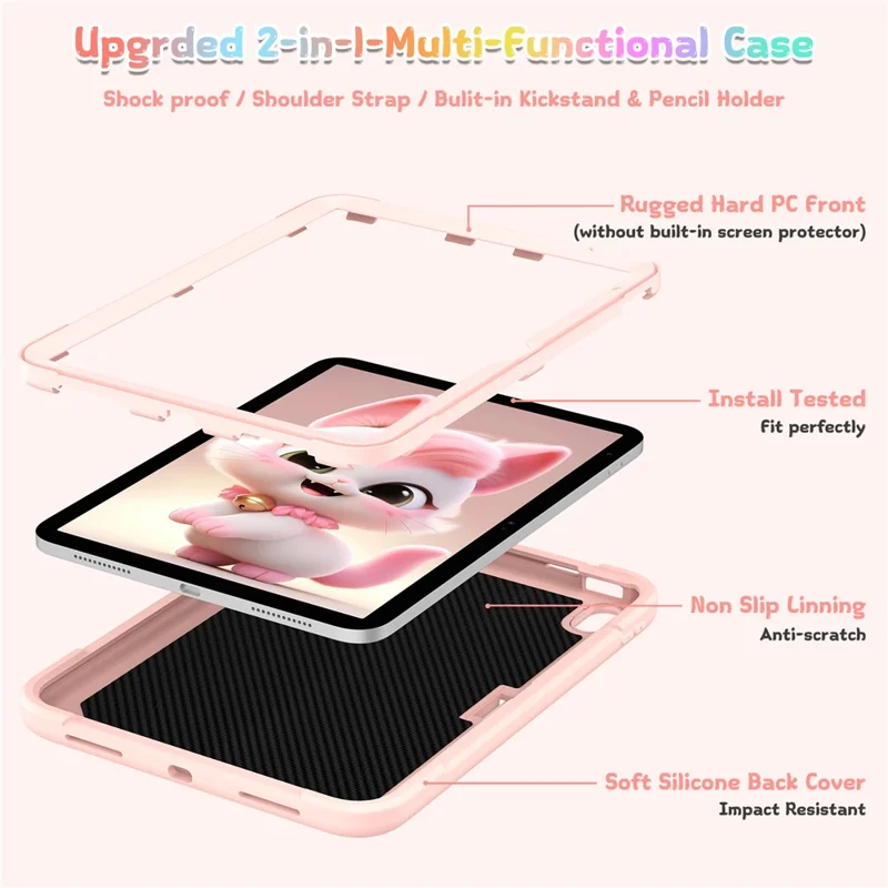 For iPad (2025) / iPad 10.9 (2022) Case with Cat Kickstand PC + Silicone Tablet Cover - Rose Pink