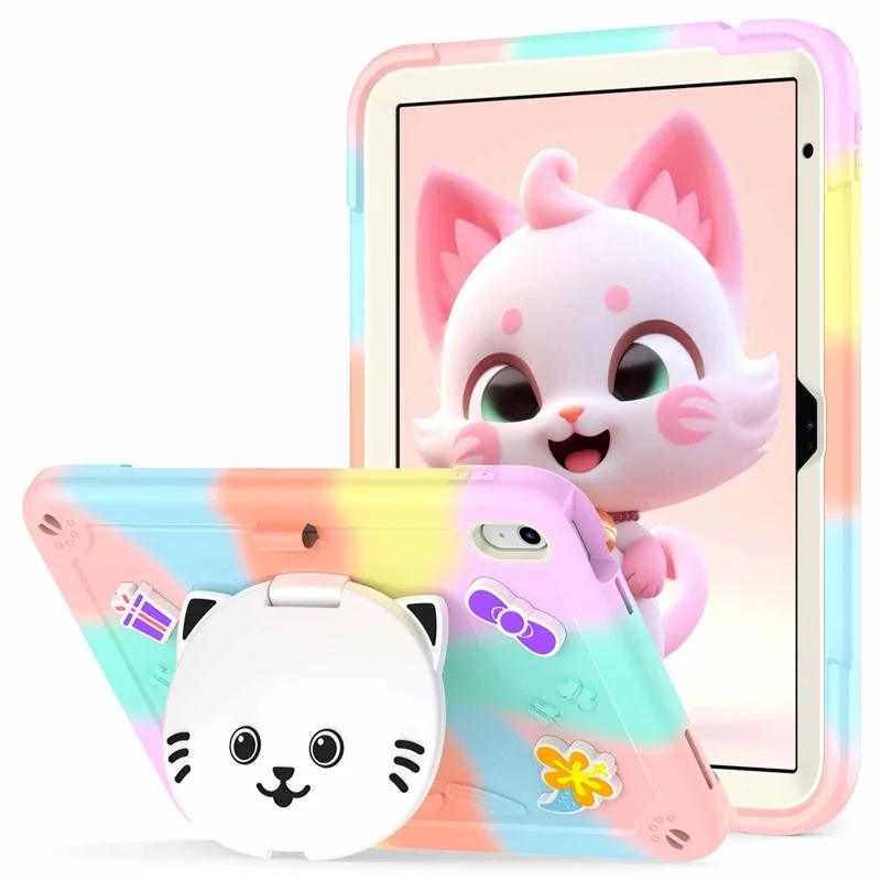 For iPad (2025) / iPad 10.9 (2022) Case with Cat Kickstand PC + Silicone Colorful Tablet Cover - Colorful Rose Gold