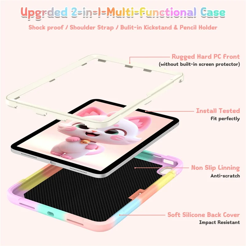 For iPad (2025) / iPad 10.9 (2022) Case PC + Silicone Colorful Tablet Cover with Cat Kickstand / Shoulder Strap - Colorful Rose Gold