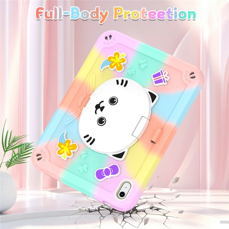 For iPad (2025) / iPad 10.9 (2022) Case PC + Silicone Colorful Tablet Cover with Cat Kickstand / Shoulder Strap - Colorful Rose Gold