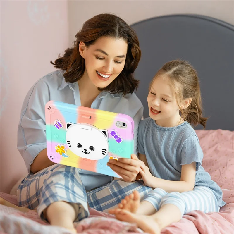 For iPad (2025) / iPad 10.9 (2022) Case PC + Silicone Colorful Tablet Cover with Cat Kickstand / Shoulder Strap - Colorful Rose Gold