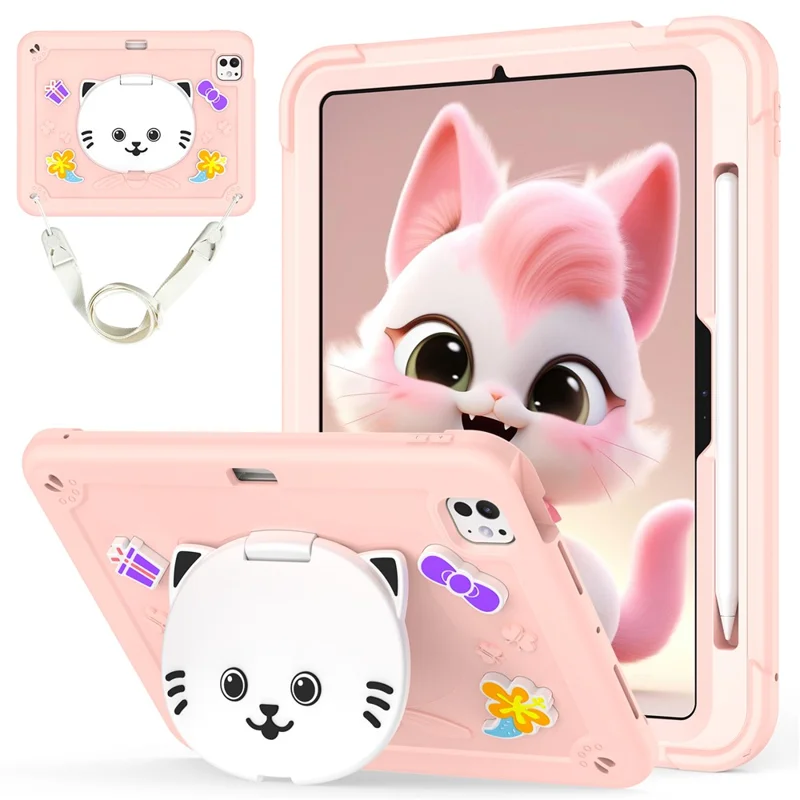 For iPad Pro 11 (2025) / 11 (2024) Case PC + Silicone Tablet Cover with Cat Kickstand / Shoulder Strap - Rose Pink