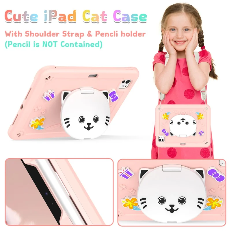 For iPad Pro 11 (2025) / 11 (2024) Case PC + Silicone Tablet Cover with Cat Kickstand / Shoulder Strap - Rose Pink