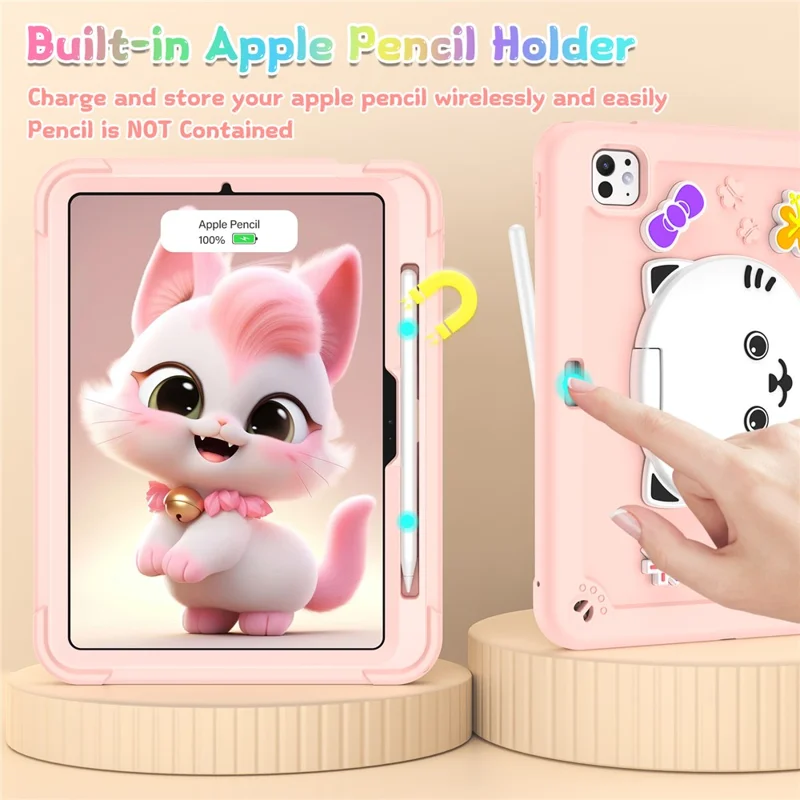 For iPad Pro 11 (2025) / 11 (2024) Case PC + Silicone Tablet Cover with Cat Kickstand / Shoulder Strap - Rose Pink