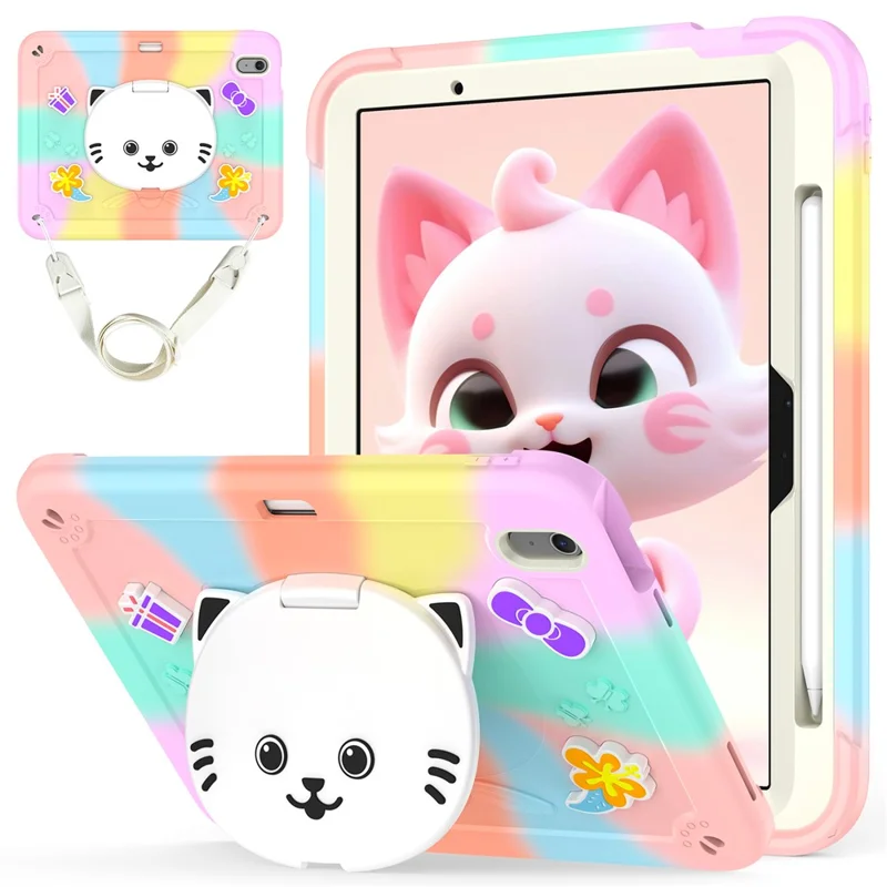 For iPad Air 11 (2026) / (2025) / (2024) Case PC + Silicone Colorful Tablet Cover with Cat Kickstand / Shoulder Strap - Colorful Rose Gold