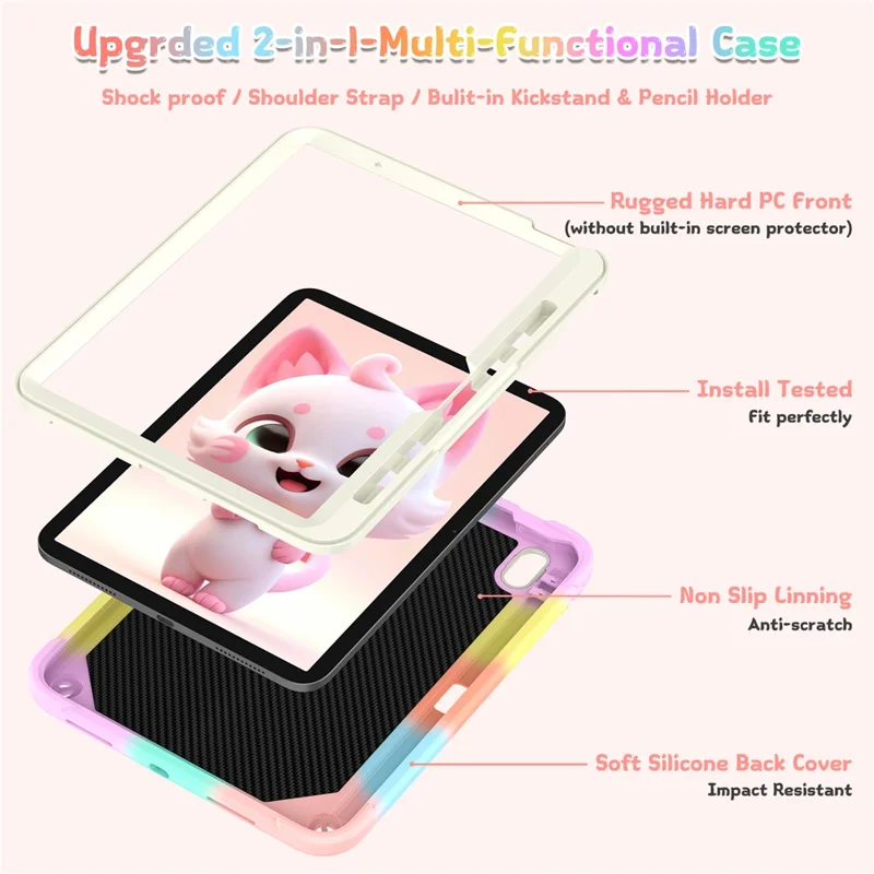For iPad Air 11 (2026) / (2025) / (2024) Case PC + Silicone Colorful Tablet Cover with Cat Kickstand / Shoulder Strap - Colorful Rose Gold