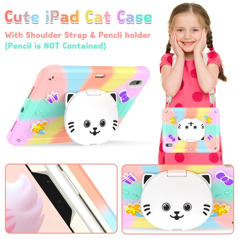 For iPad Air 11 (2026) / (2025) / (2024) Case PC + Silicone Colorful Tablet Cover with Cat Kickstand / Shoulder Strap - Colorful Rose Gold